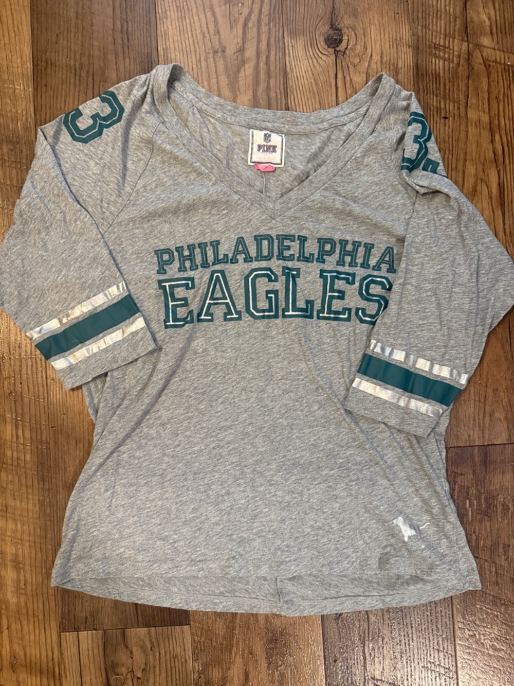 Victoria's Secret Gray Philadelphia Eagles V-neck Jersey Top with Green Accents